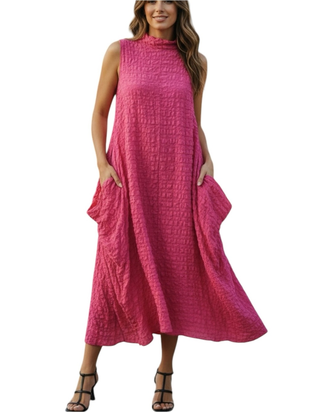 New IC Collection Fuchsia Sleeveless High Neck Textured Midi Dress - Medium